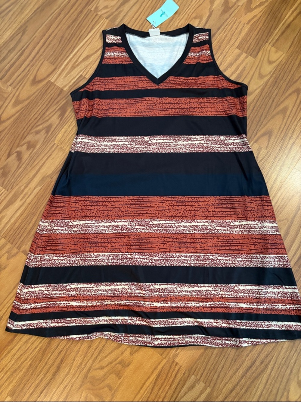 Sleeveless V-Neck Striped A-Line Dress - Black & Rust NWT